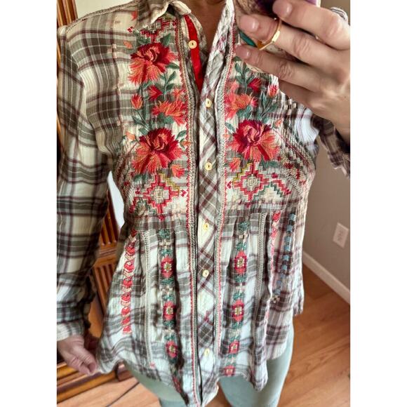 Johnny Was Candice Smock Plaid Floral Button Up Ladies Medium Top/Shirt/Blouse - Picture 4 of 16